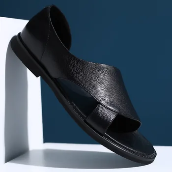 2023 Летни модни чехли Мъжко облекло на открито Естествена кожа Плажни обувки Мъжки сандали от естествена кожа Големи мъжки обувки