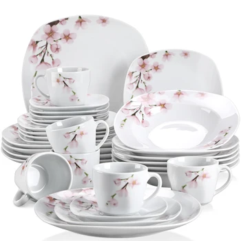 VEWEET ANNIE 30-парче бял керамичен розов цветен порцеланов чиния комплект с вечеря супа десерт чиния, чаши за кафе и чинийка за 6