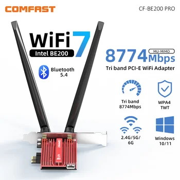 Wifi 7 Adaptador Bluetooth BE200 Pci Wifi адаптер WPA4 Tri Band PCI E безжична карта 2.4G / 5G / 6Ghz 8774Mbps Windows 10/11 Linux