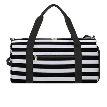 Класически ретро раиран фитнес чанта черни бели ивици Хелоуин преносими спортни чанти с обувки пътуване персонализирана чанта фитнес чанта