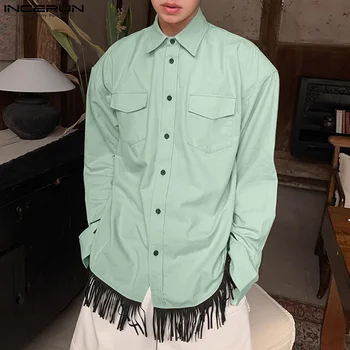 INCERUN мъжка риза пискюл пачуърк ревера дълъг ръкав хлабав случайни мъжки дрехи улично облекло 2023 корейски стил модни ризи S-5XL