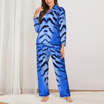 Tiger кожата печат спално облекло есента синьо райе естетически извънгабаритни пижама комплекти дамски дълъг ръкав мода стая обичай дома костюм
