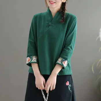 2024 китайски традиционни жени тънък памучен лен отгоре дамски етнически ретро бродерия хлабав ръкав риза tangsuits блуза
