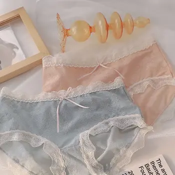 Дишаща секси мрежа памук чатала прозрачен за момичета жени дантела бикини цвете лък слипове корейски бельо