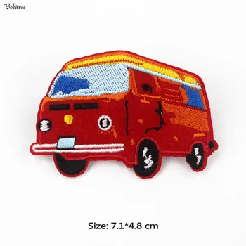 карикатура червен малък автобус желязо кръпка за деца плат якета дънки декорация бродирани значка шиене апликации стикери