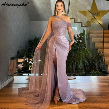 Aixiangsha Луксозни блестящи русалка вечерни рокли от рамото лъскав висок страничен прорез абитуриентска рокля Саудитска Арабия конкурс булка парти