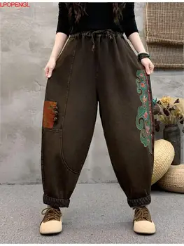 Жени 2024 пролет етнически стил нов ретро печат кръпка хлабав случайни шнур дънки ластик пачуърк деним харем панталони