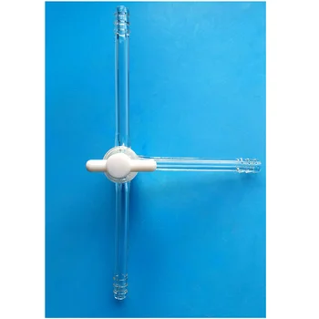Лабораторен стъклен адаптер; 3 начин T форма спирателен кран 9 мм маркуч връзка; Borosillcation стъкло материал
