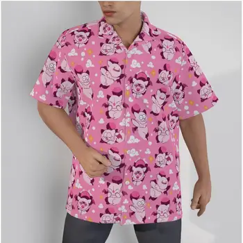 Мъжка хавайска розова риза Kawaii прасета смешно плаж къс ръкав лято случайни бутон нагоре пачуърк върхове 3D ризи