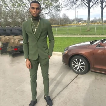 Casual Green Single Breasted Notched Lapel Single Breasted Flat Regular Length Formal 2 Piece Jacket Pants Daily Male Costume