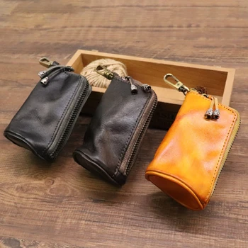 Нови мъже Pu кожа ключодържател ключодържател преносим случайни мода ретро цип дома съхранение чанти двоен ключ пакет кола чанта мъже