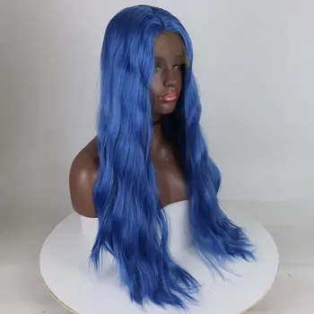 Bombshell Loose Water Wave Synthetic 13X4 дантела отпред перука без лепило син цвят високо качество топлоустойчиви влакна за черни жени